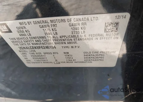 2015 Chevrolet Equinox 2Lt from USA, damaged, VIN 2GNALCEK8F6246194